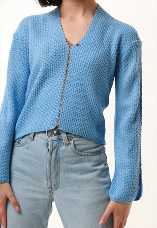 90S VINTAGE BLUE CROCHET CROP TOP JUMPER 1164