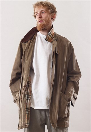 90S VINTAGE MENS BURBERRY NOVA CHECK WAXED LINEN COAT JACKET