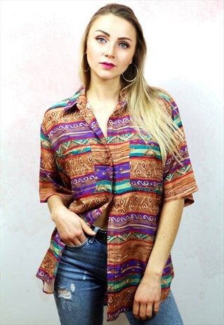 1990S VINTAGE MULTICOLOURED PATTERNED SILK BLOUSE