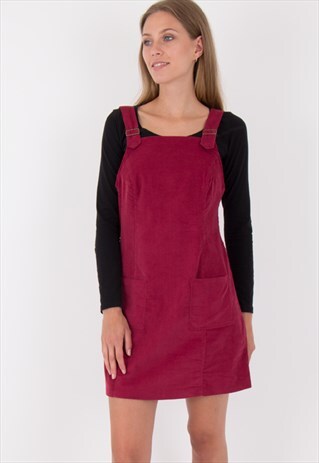 WINE CORDUROY PINAFORE SIDE POCKETS DRESS