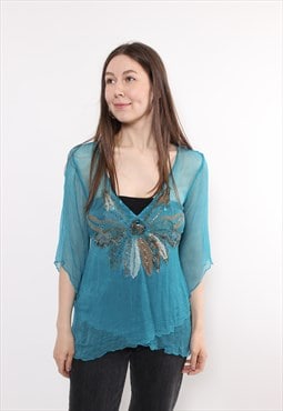 y2k blue color boho sheer blouse, vintage embroidery top