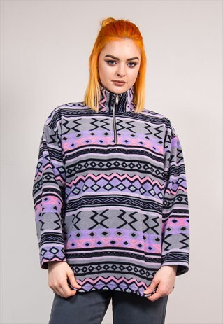 VTG 90'S WAVEY ABSTRACT PATTERN QUARTER ZIP FLEECE JACKET