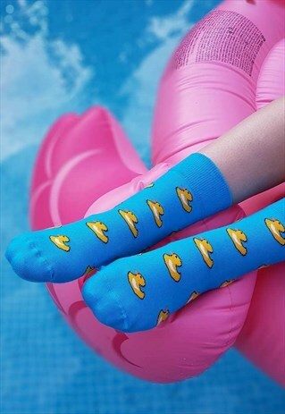 FUNNY TURQUOISE BLUE WOMENS AND MENS SOCKS WITH YELLOW DUCK