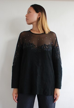 VINTAGE BLACK KNIT TOP WITH MESH CUT OUT WITH DIAMONTE