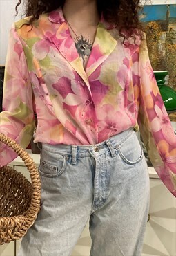 Vintage 90s Boho sheer floral print blouse top shirt blazer