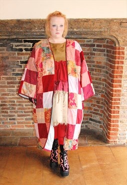 Long Patchwork Red And Pink Jacket Hippie Grunge Free Size 