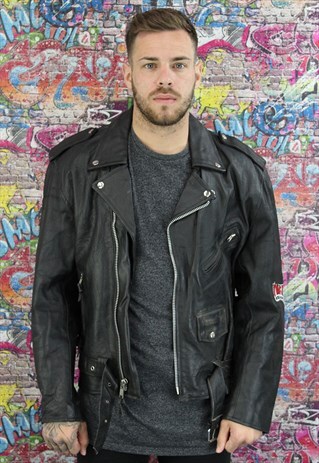 VINTAGE 80'S LEATHER BLACK UNISEX BIKER JACKET. GRUNGE