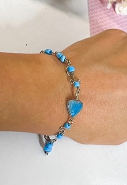 Y2K Silver and Turquoise Blue Glass Heart Bracelet
