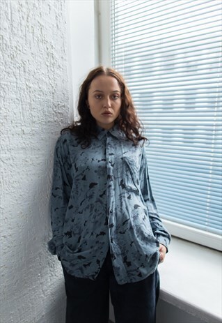 VINTAGE 70'S GREY ABSTRACT PRINT VISCOSE SHIRT