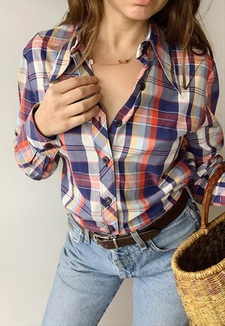 VINTAGE 70S MOD CHECKED COUNTRY CHIC SHIRT TOP BLOUSE