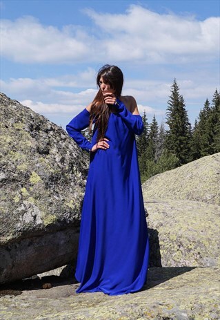 XXL BLUE DRESS FLOOR LENGTH SUMMER TUNIC OFF SHOULDER F1270