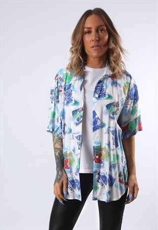 PRINT PATTERNED SHIRT OVERSIZED FITTED UK 14 - 16 (E4Y)