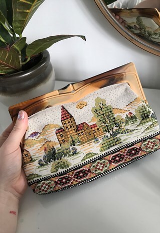 VINTAGE CROSS STITCH SCENIC CLUTCH BAG
