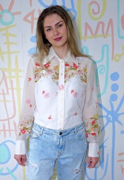 Shirt Vintage 1970s White Floral Print Long Sleeved Size 12