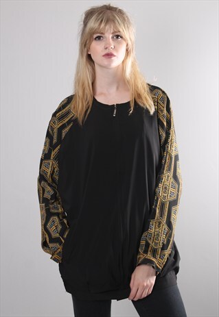 VINTAGE 90S BLACK PATTERNED OVERSIZE BOMBER ZIP JACKET TOP