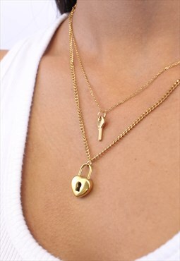 Layered Heart Lock And Key 18k Gold Necklace 