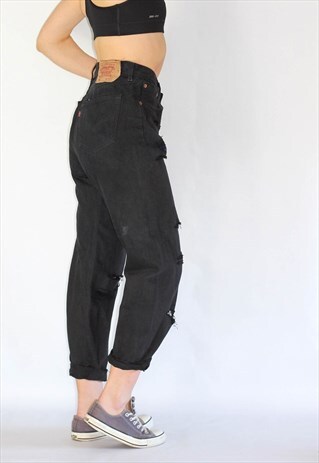 VINTAGE LEVI'S DISTRESSED BLACK 501 STRAIGHT LEG JEANS