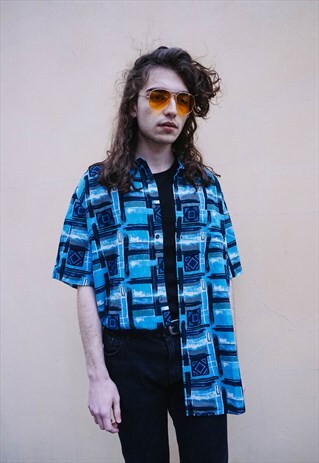 VINTAGE ABSTRACT PATTERNED BLUE SHIRT