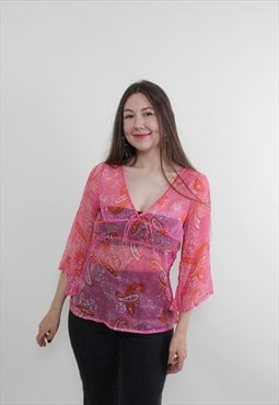 Y2k pink sheer blouse, vintage 00s paisley print transparent