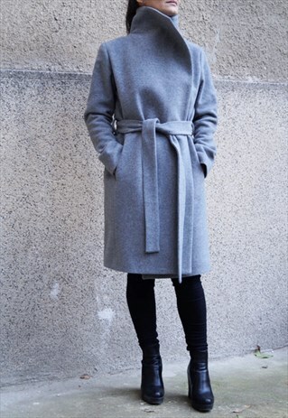 GREY LINED COAT CASHMERE WOOL COAT WINTER COAT F1661