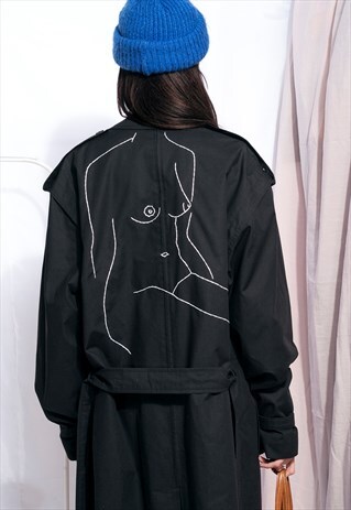 REWORKED VINTAGE TRENCH COAT W NUDE FEMINIST EMBROIDERY