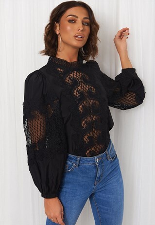 BLACK CROCHET PUFF SLEEVE BLOUSE