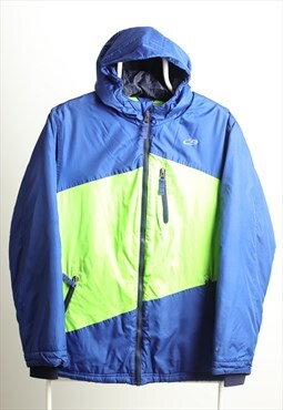 Vintage Champion Padded Hooded Jacket Logo Blue Neon Green 