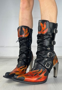 Vintage Y2k New Rock Boots Flame High Heels Goth Punk 90s