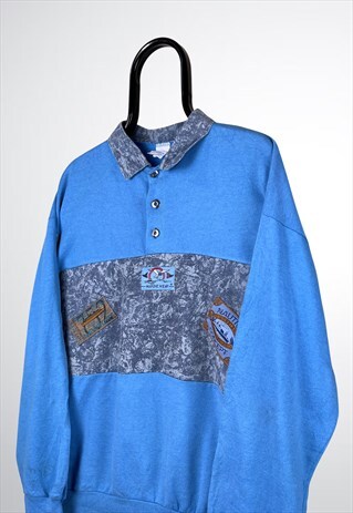 VINTAGE SWEATSHIRT PATTERNED POLO NECK BLUE MEDIUM