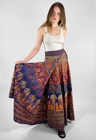 70's Vintage Wrap Tie Up Skirt Indian Cotton Blue Maxi