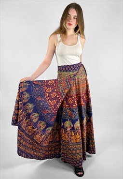 70's Vintage Wrap Tie Up Skirt Indian Cotton Blue Maxi