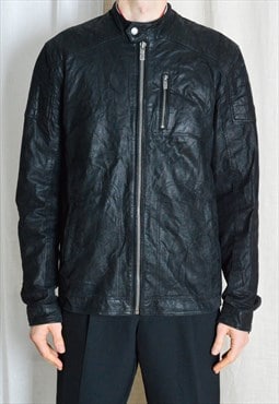 Y2K Black Grunge Racing Style Zipper Mens Leather Jacket