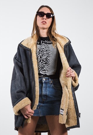 VINTAGE 80S LEATHER FAUX FUR COAT /