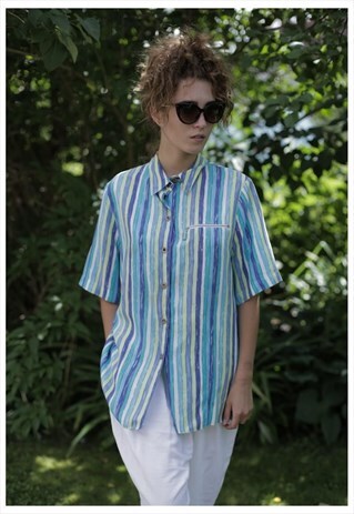 VINTAGE 90'S MULTI COLOUR STRIPPED SHORT SLEEVE SHIRT