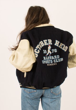 VINTAGE 90S HARVARD UNIVERSITY VARSITY LEATHER JACKET LARGE