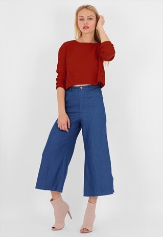 BLUE DENIM HIGH WAIST CULOTTE TROUSERS