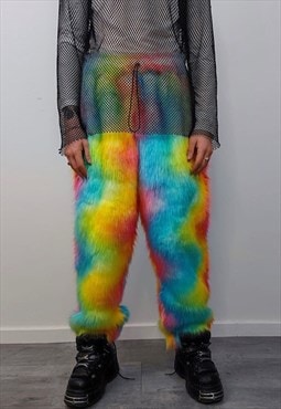 Rainbow faux fur joggers rave pants fluffy unicorn trousers