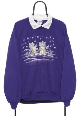 Vintage 90s Christmas Kitten Purple Sweatshirt Mens