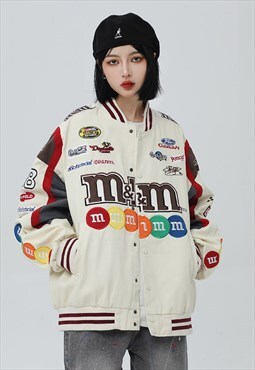 M&M candy motorcycle jacket patch Racer varsity in cream