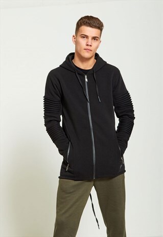 MENS RIBBED SLEEVE LONGER BACK BLACK HOODIE