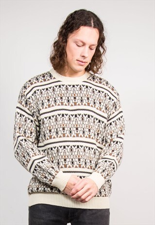 VINTAGE 90'S CREAM GRUNGE PATTERN KNIT JUMPER