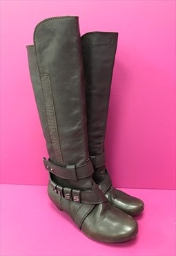 Knee High Boots Grey Brown Leather Kitten Heel