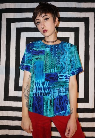 VINTAGE 80'S BLUE GREEN PATTERNED BLOUSE