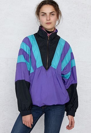 VINTAGE PURPLE BLACK PULLOVER 1/4 ZIP SHELL JACKET