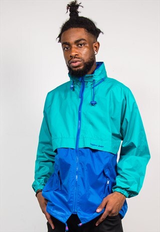 90'S VINTAGE COLOUR BLOCK GREEN BLUE CAGOULE JACKET