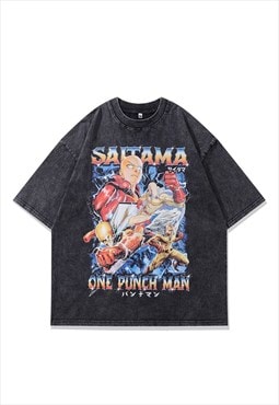Saitama t-shirt One punch man tee retro Japanese top in grey