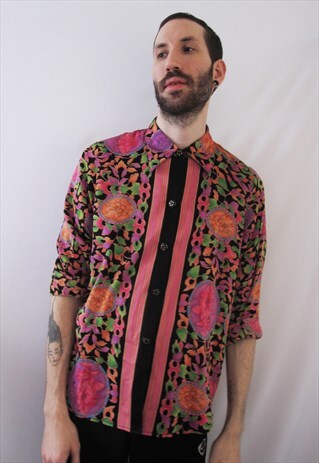 VINTAGE KITSCH COLORFUL PINK & BLACK SILK SHIRT FLORAL