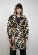 HOODED LEOPARD COAT BROWN FAUX FUR ANIMAL PRINT TRENCH SPOT