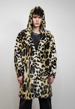 Hooded leopard coat brown faux fur animal print trench spot