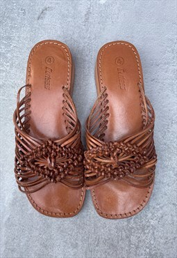 90s Tan Leather Strappy Slider Sandals with Wooden Wedge